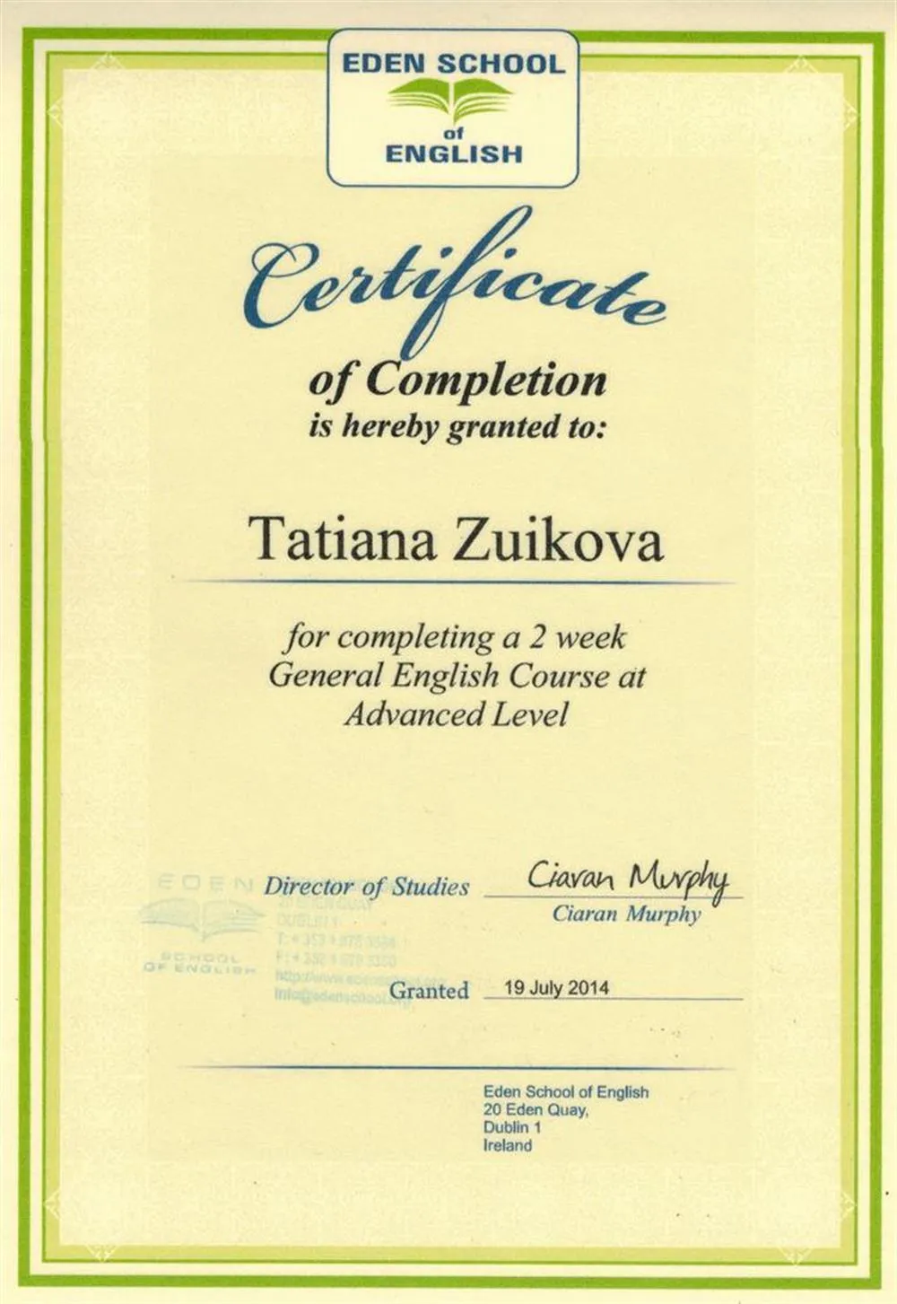 Сертификат Eden School of English