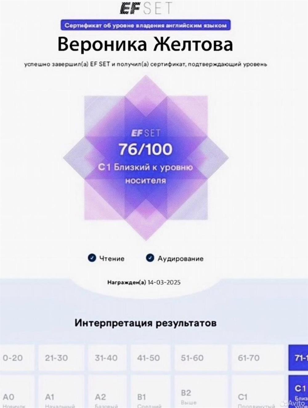 сентификат об уровне языка