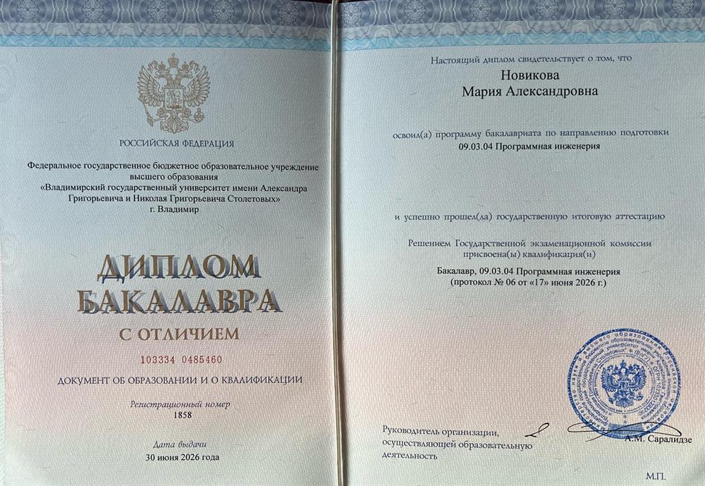 Диплом бакалавра с отличием по специальности "Программная инженерия"