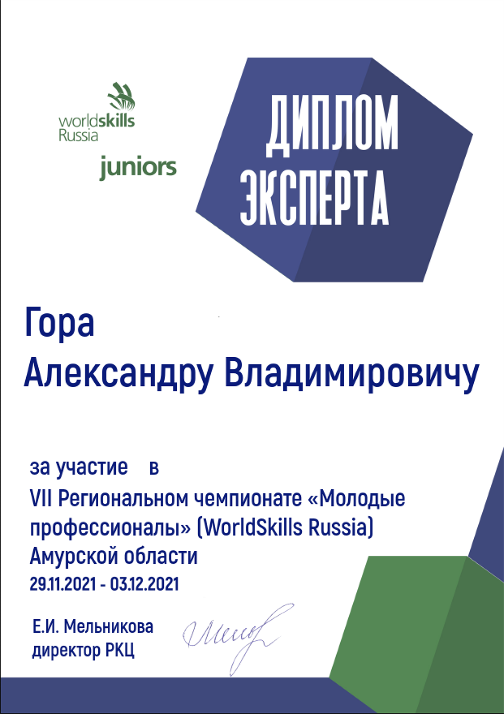 Диплом эксперта World Skills