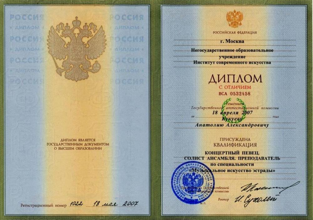 Диплом с отличием об окончании Института Современного Искусства