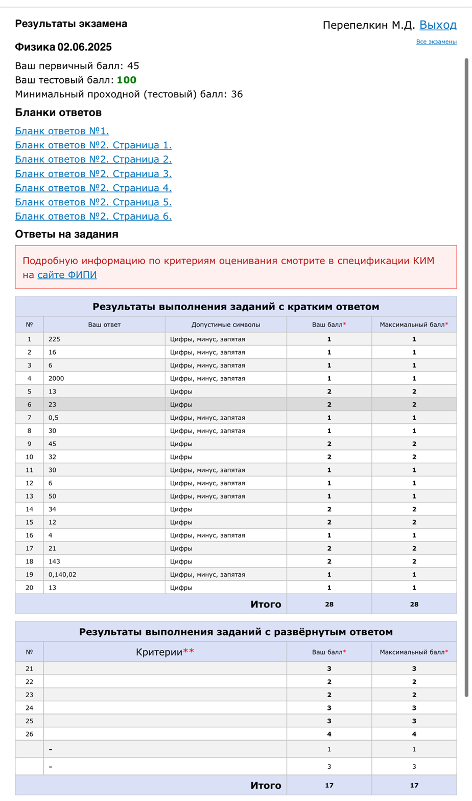 Мои резальтаты ЕГЭ-2025 по физике