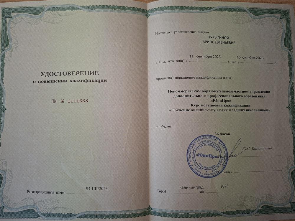 Удостоверение о повышении квалификации 
"Обучение английскому языку младших школьников"