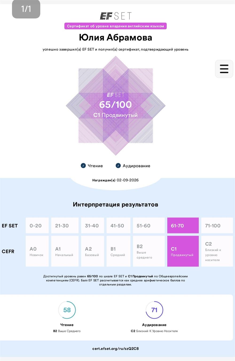 сертификат от EF SET