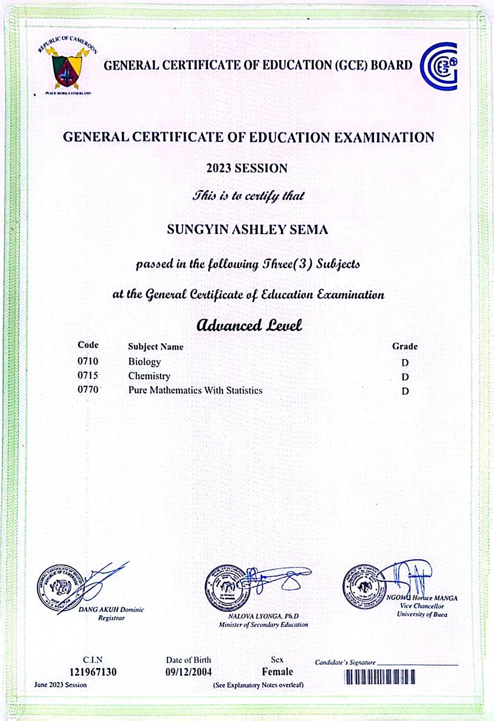Advanced level Certificate