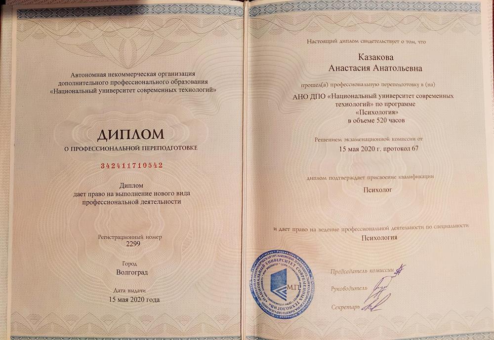Диплом подтверждает присвоение квалификации "Психолог".