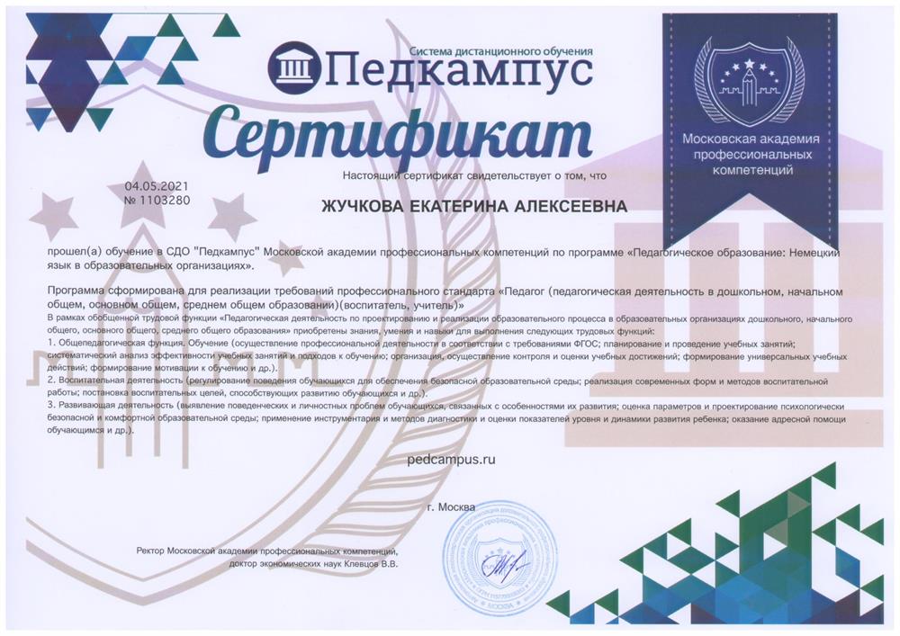 Сертификат компетенций (педагогическое образование: немецкий язык в образовательных организациях)
