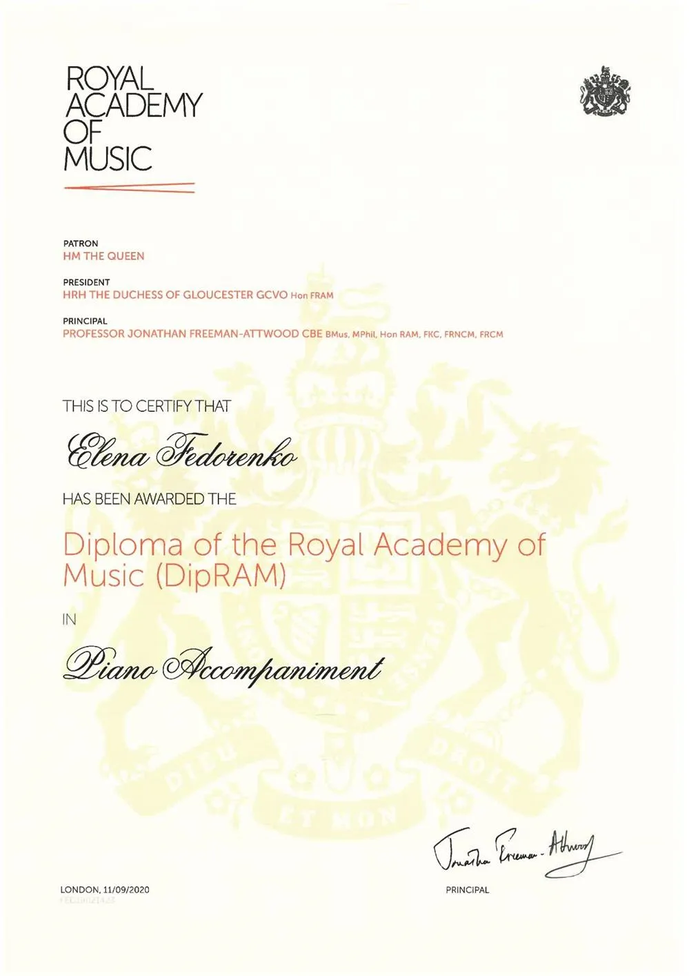 Diploma of the Royal Academy of Music Piano Accompaniment is an institutional prize awarded to students for outstanding performance in a Postgraduate Level Final Recital/Portfolio