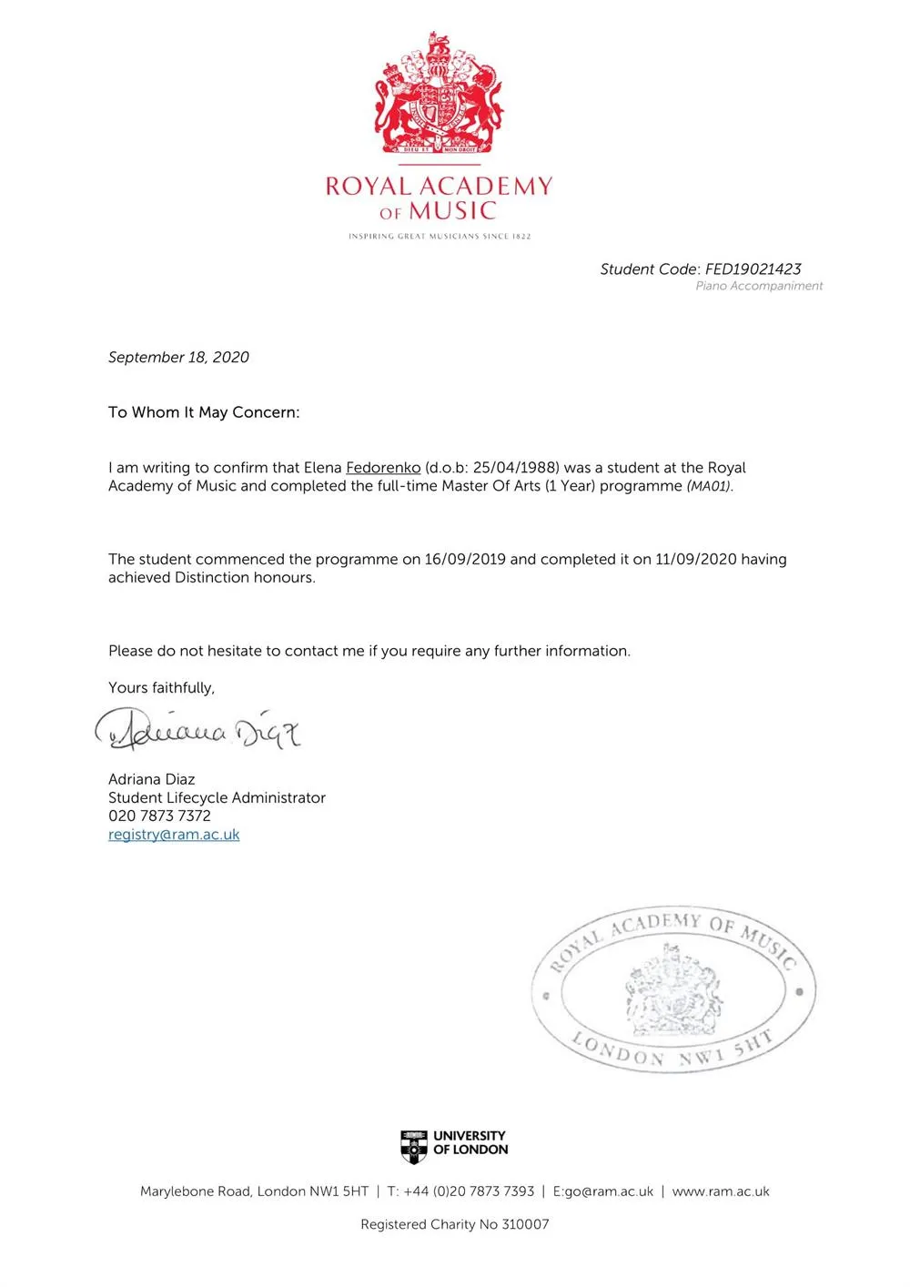 Confirmation of Master Degree in Performance from the Royal Academy of Music 
