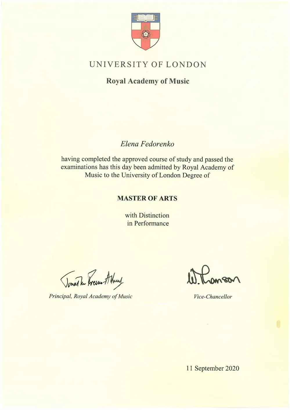 University of London - Roya Academy of Music (Master of Arts with Distinction)