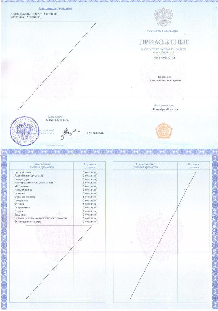 Аттестат о среднем общем образовании (приложение)