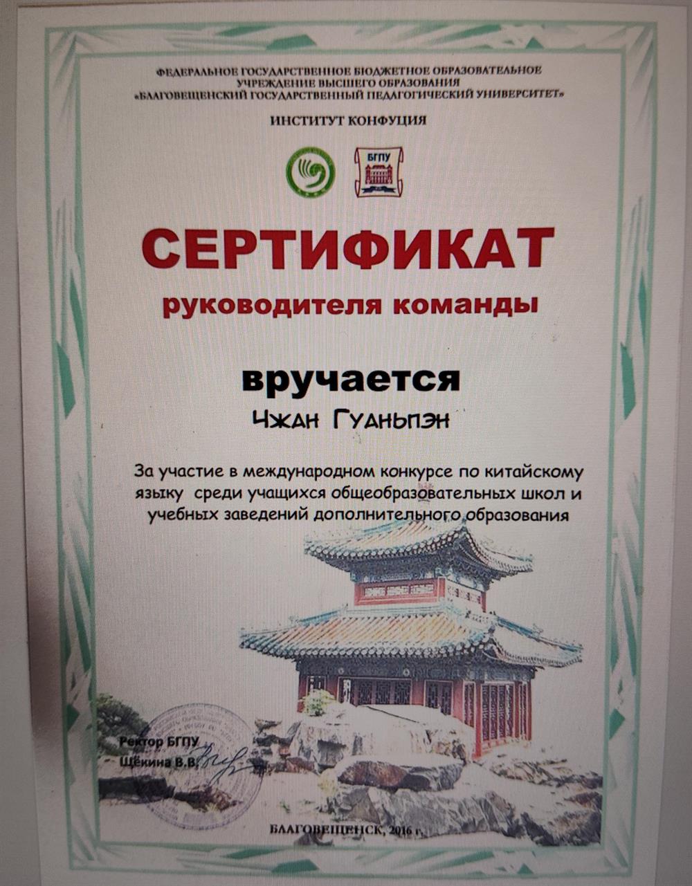 В 2016 году заняла 1-е место в Международном конкурсе по китайскому языку. Была руководителем команды, отвечала за организацию и подготовку участников к конкурсу.