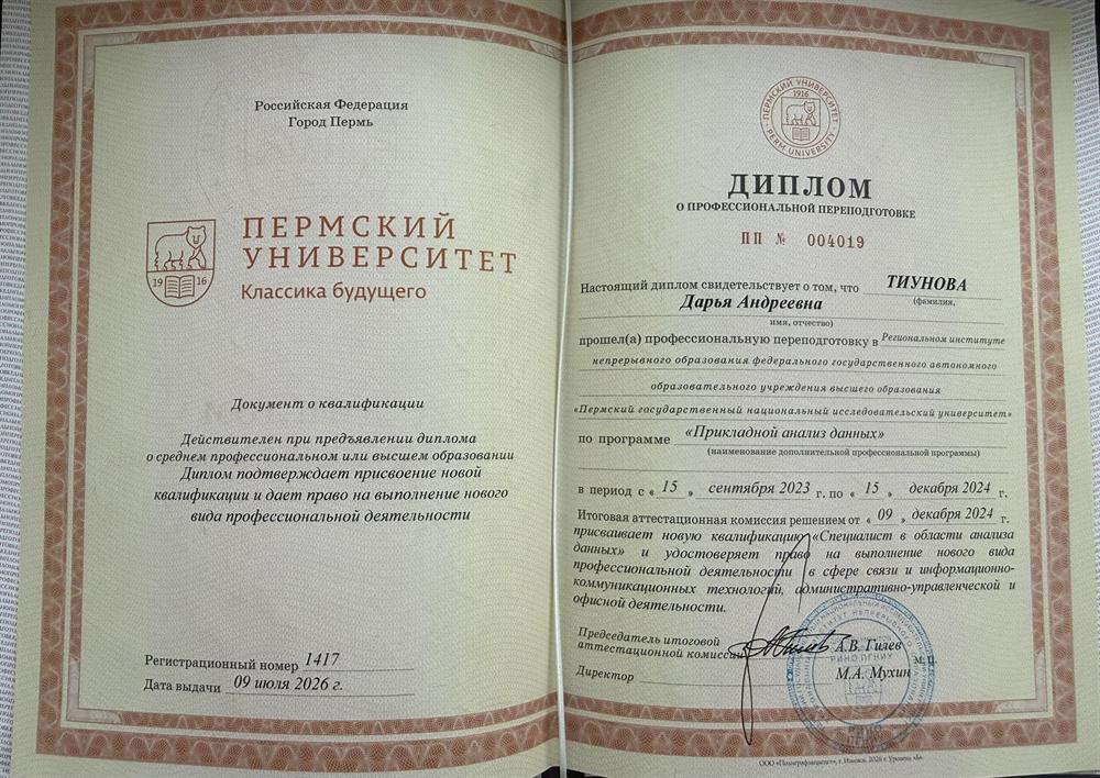 Вкладыш диплома о профессиональной переподготовке 