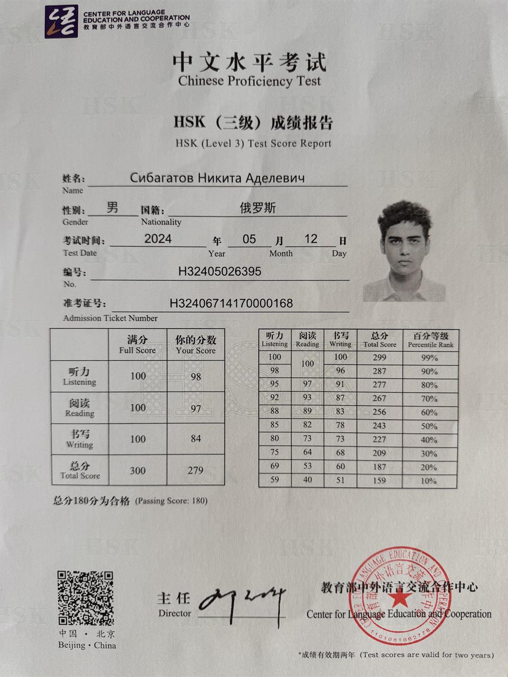 Сертификат на знание китайского языка на уровень HSK3 от 2024 года. Актуальное знание языка на уровне HSK4 