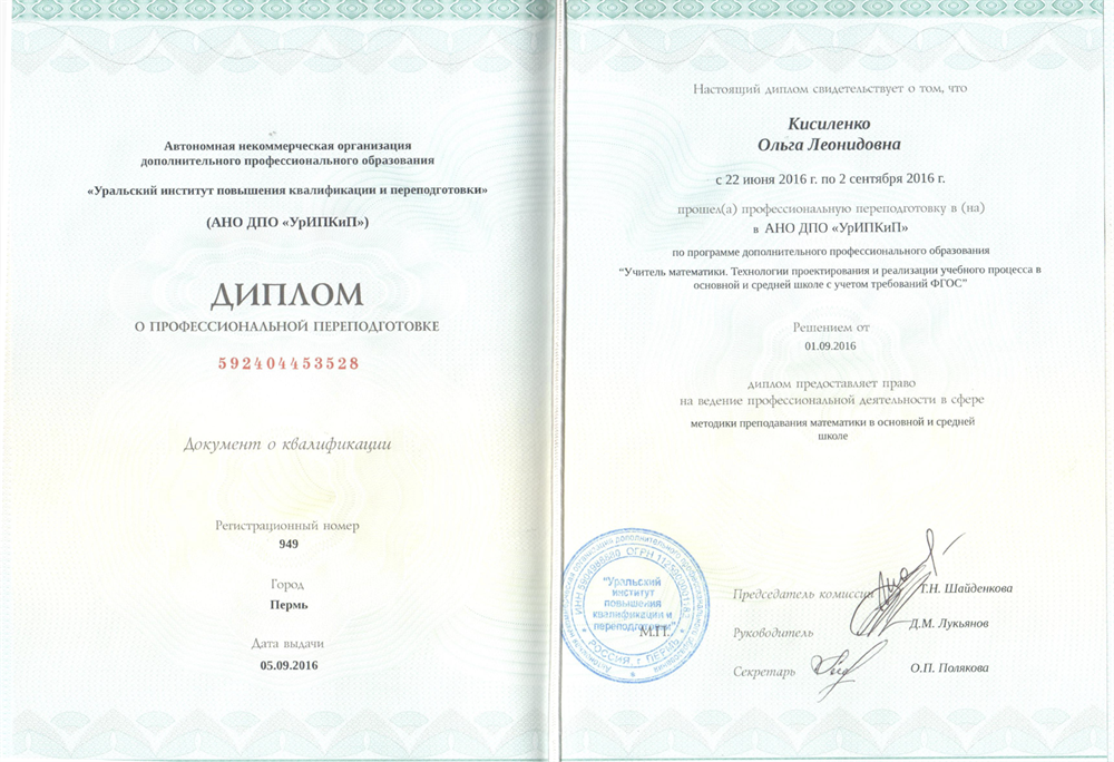 Диплом о профессиональной переподготовке, 2016 год