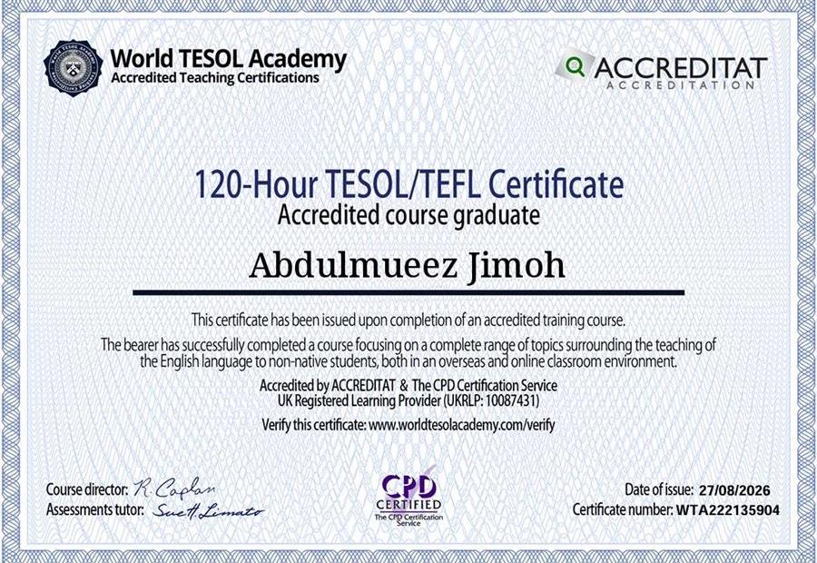 Сертификат об окончании курса TESOL/TEFL