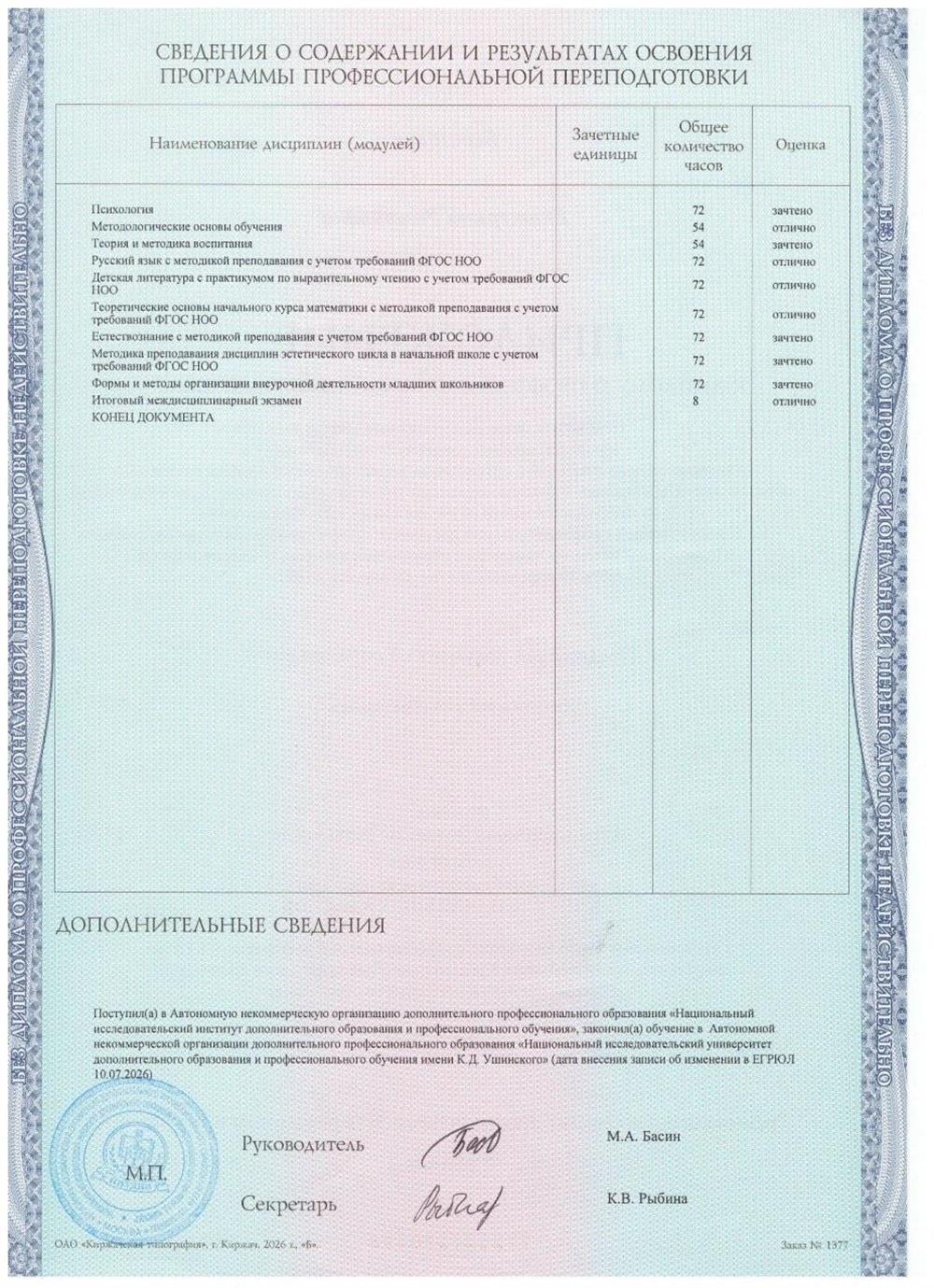 сведения о результатах обучения 