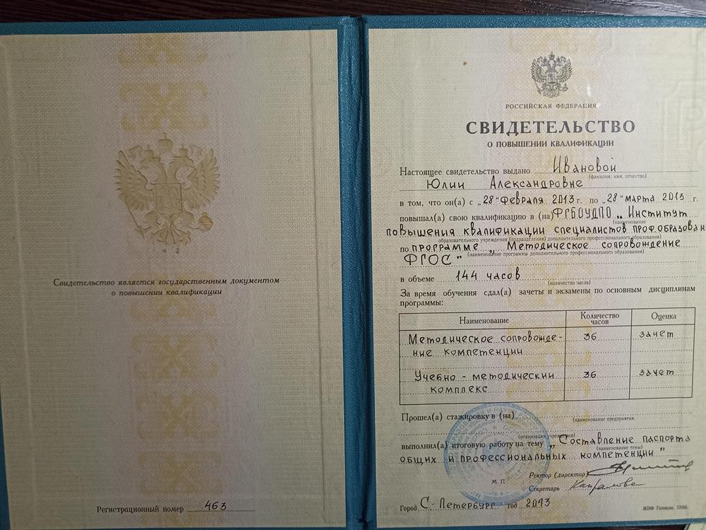 Институт повышения квалификации специалистов профобразования, программа «Методическое сопровождение ФГОС»
