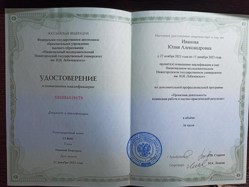 Национальный исследовательский Нижегородский государственный университет имени Н.И. Лобачевского, программа «Проектная деятельность: командная работа и научно практический результат»