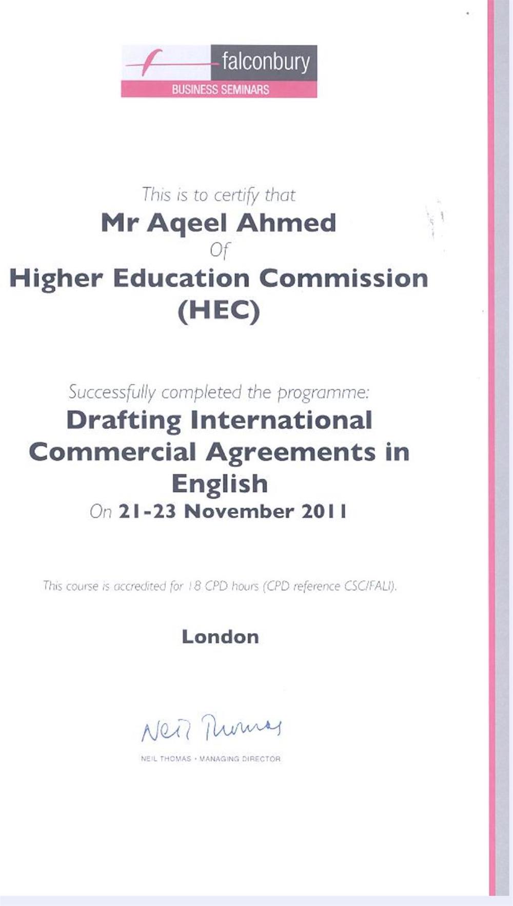 diploma in drafting of English contracts, London, the UK