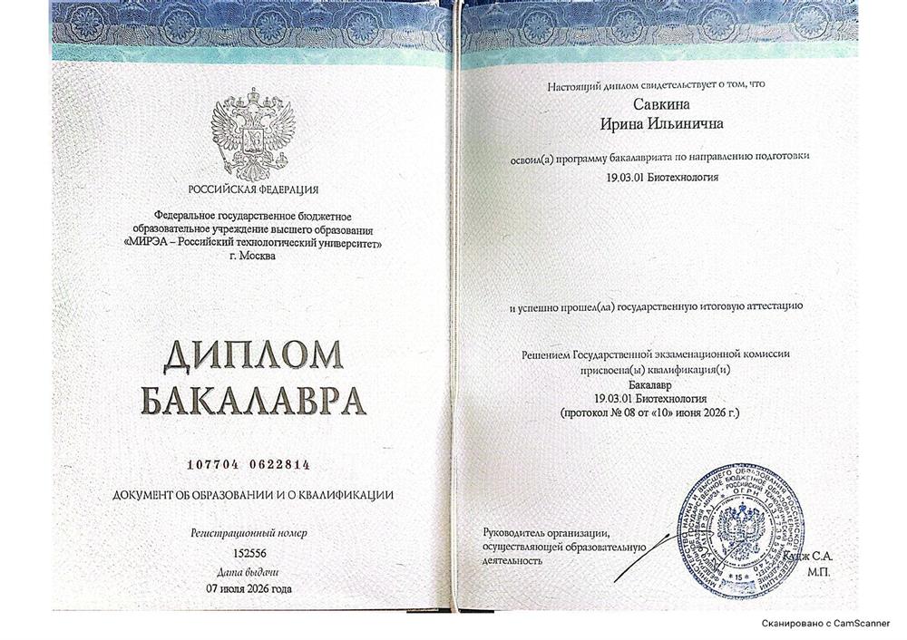 Диплом бакалавра по специальности Биотехнология. Окончила Институт тонких химических технологий им. Ломоносова в 2026 году