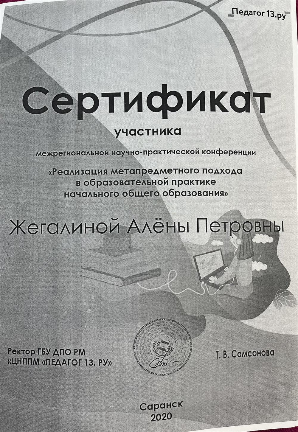 Сертификат участника межрегиональной научно-практической конференции.