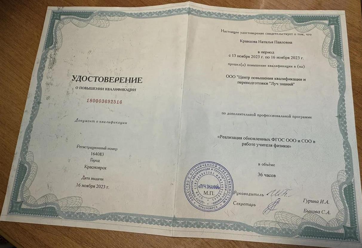 Сертификат о повышении квалификации