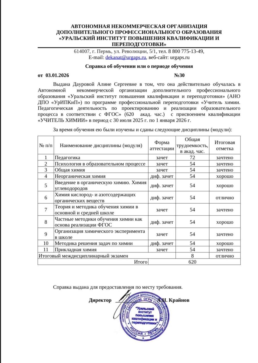 Справка о прохождении профессиональной переподготовки