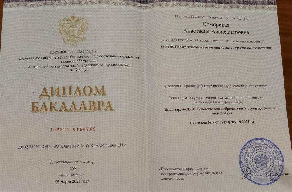 Диплом о высшем образовании, учитель русского языка и литературы