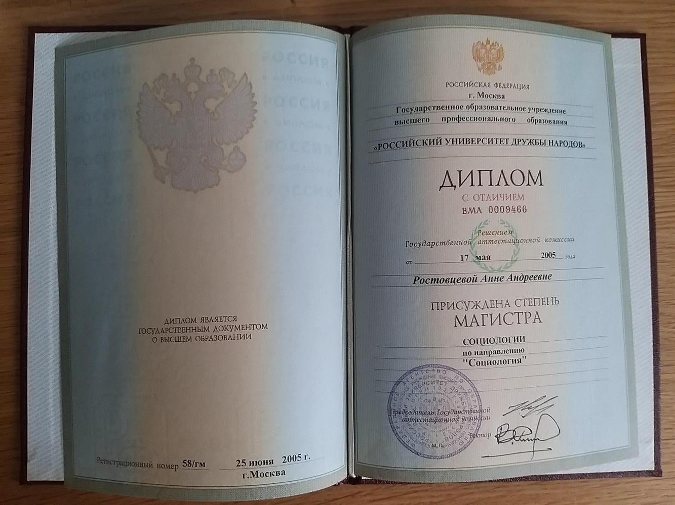диплом магистра социологии РУДН