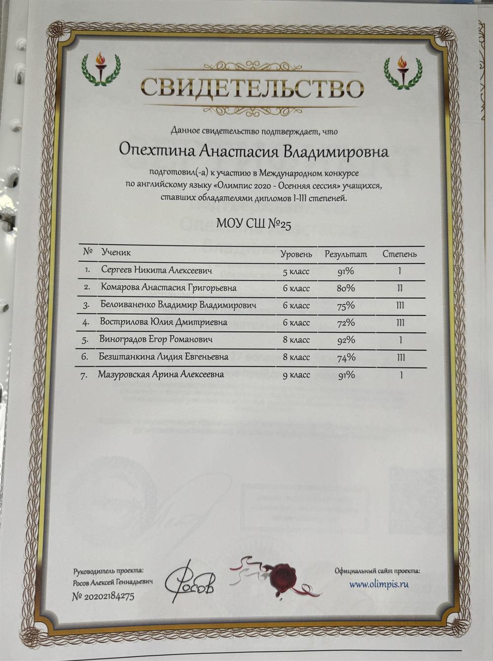 Свидетельство о подготовке учеников к международной олимпиаде по английскому языку (с результатами)