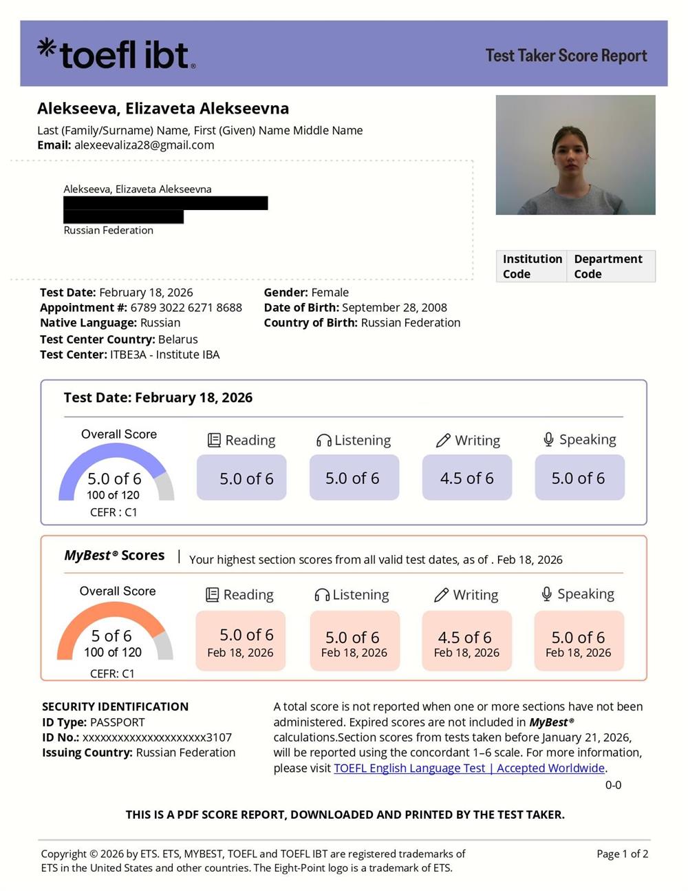 Сертификат TOEFL С1