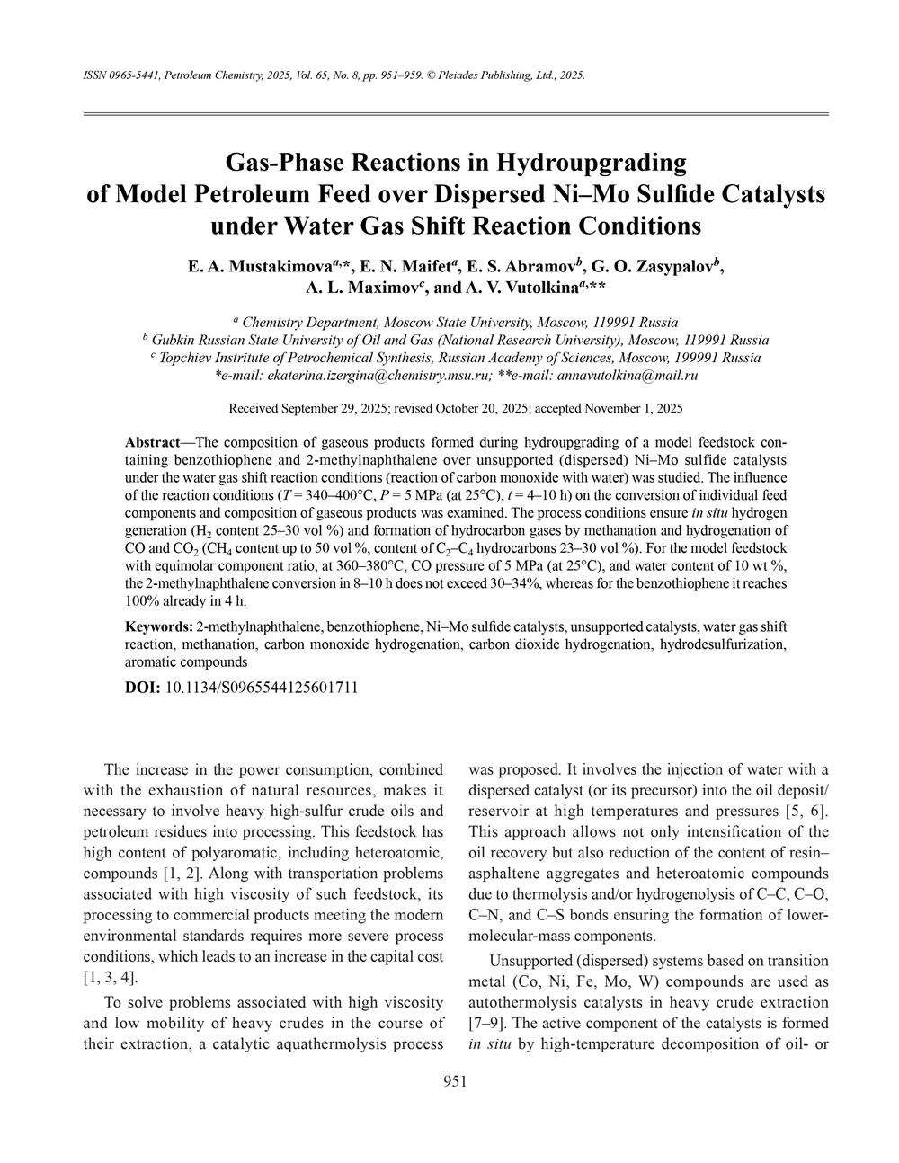 Соавторство в научной статье в журнале " Petroleum Chemistry"
DOI: 10.1134/S0965544125601711