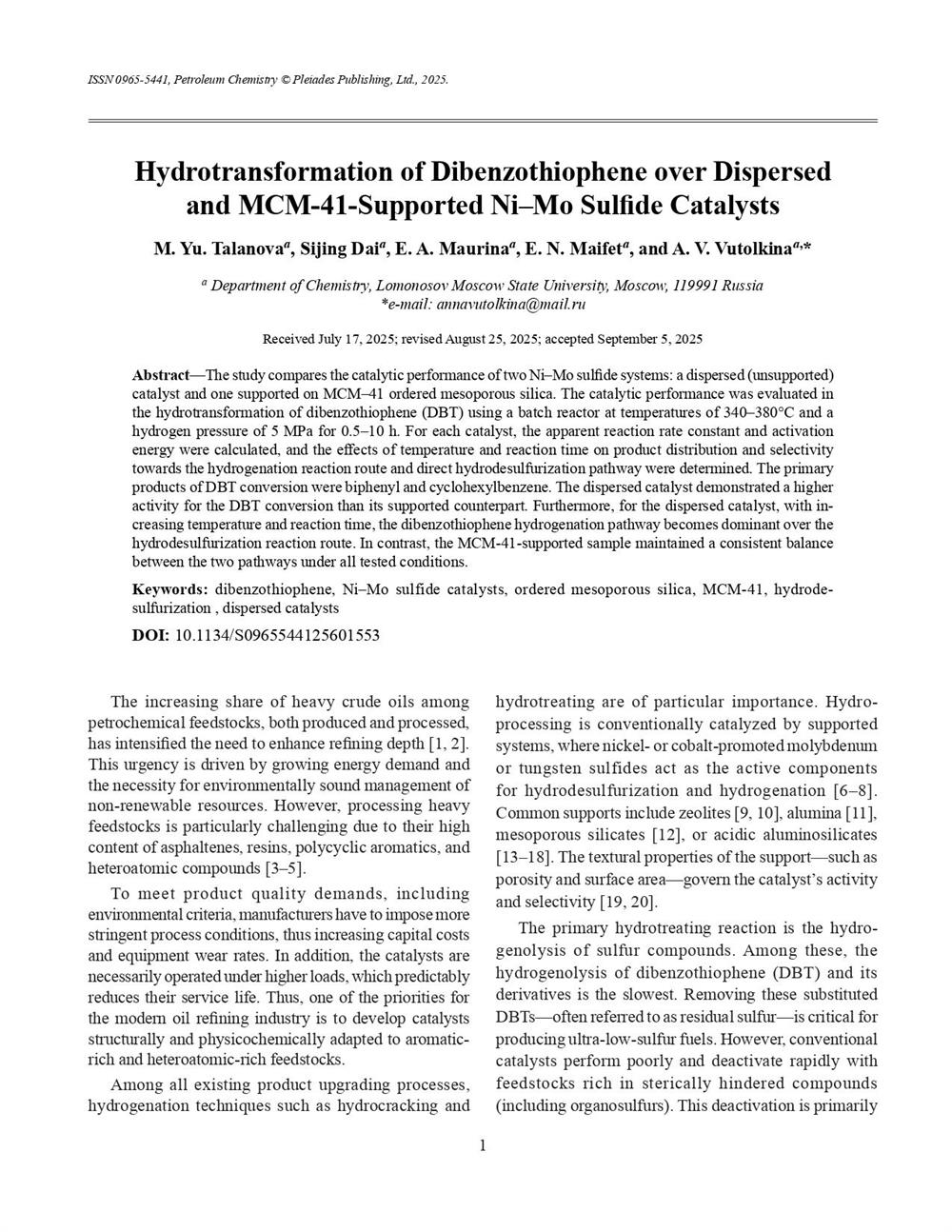 Соавторство в научной статье в журнале "Petroleum Chemistry"
DOI: 10.1134/S0965544125601553