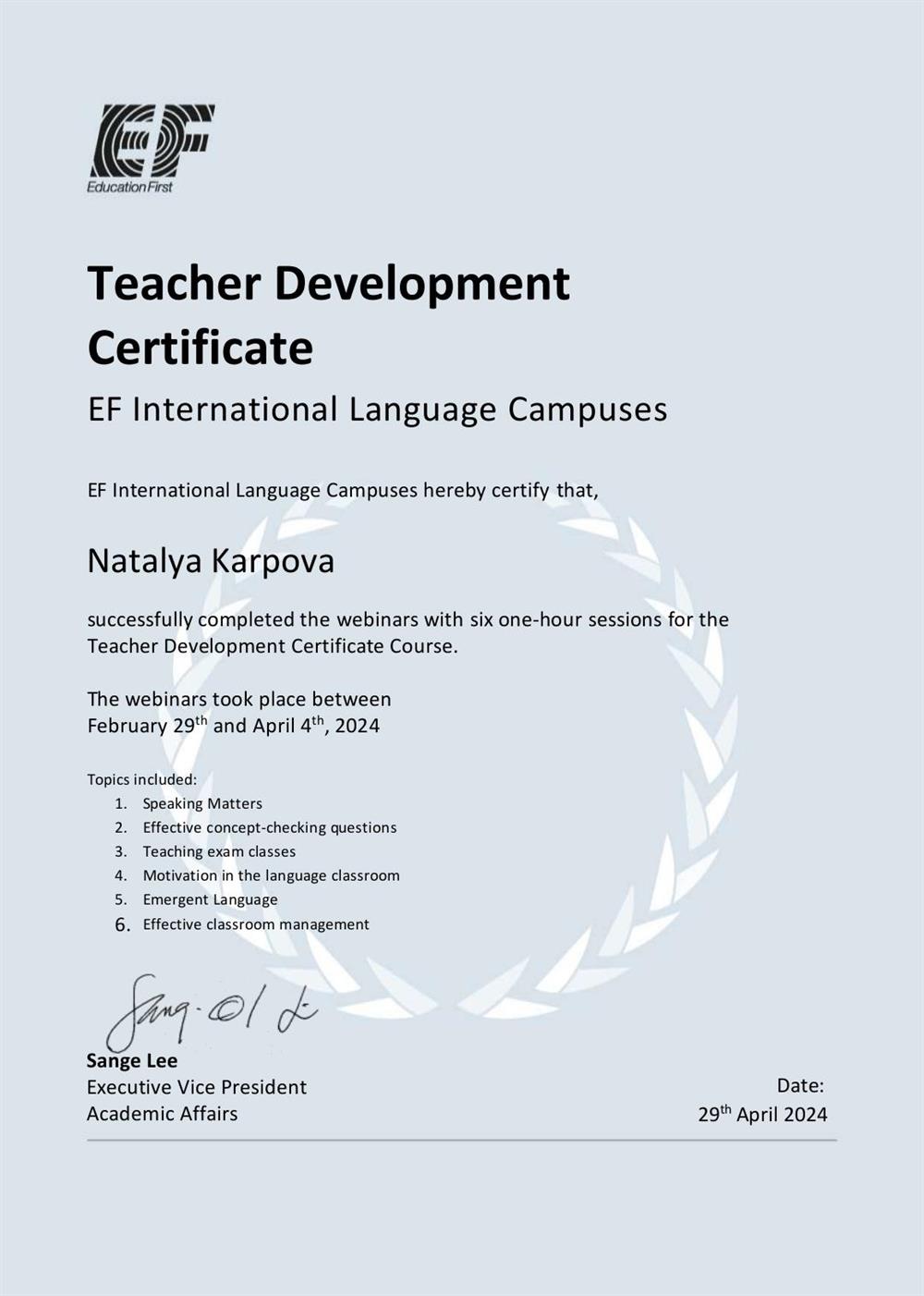 EF Teacher development certificate 2024