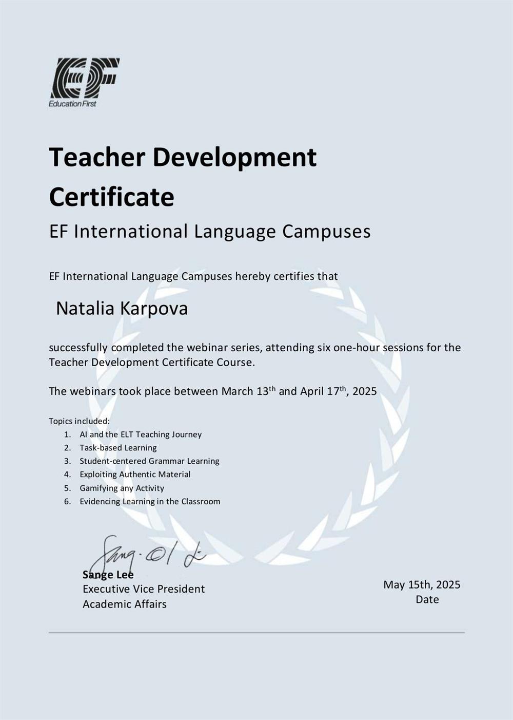 EF Teacher development certificate 2025