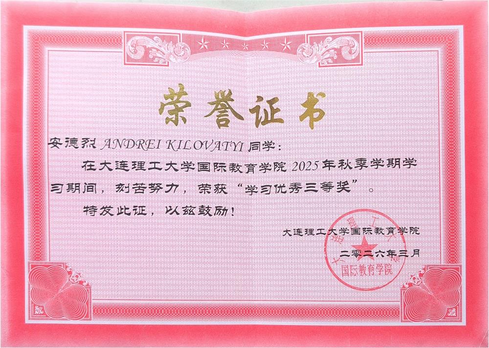 Награда III степени за академические успехи (Academic Excellence Award) — Dalian University of Technology, Китай
 Копировать