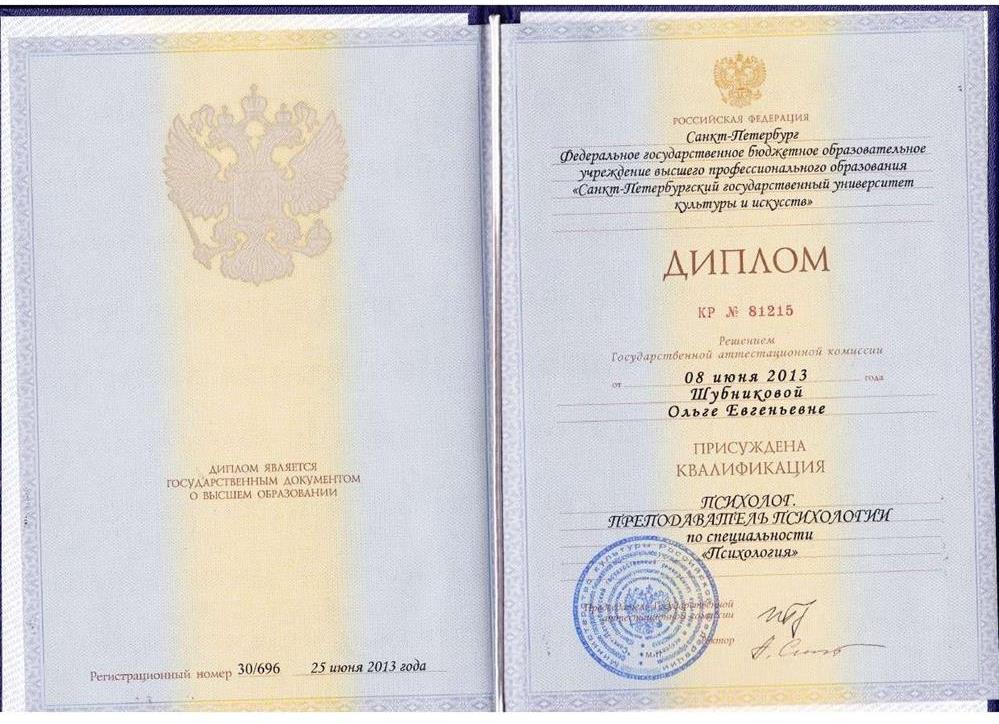 Диплом СПБГУКИ. Психолог