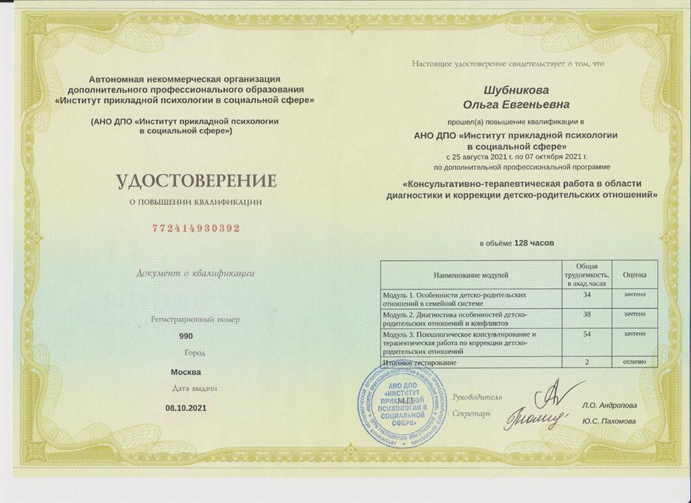 АНО ДПО "Институт прикладной психологии в социальной сфере". Консультационно-терапевтическая работа в области диагностики и коррекции детско-родительских отношений