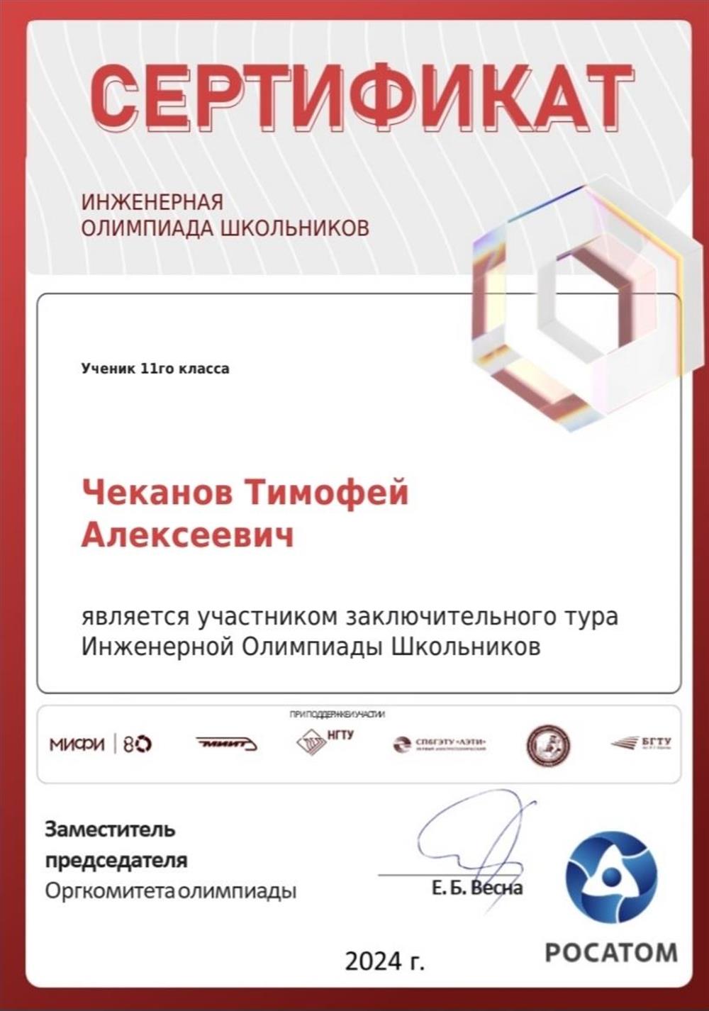 Сертификат участника заключительного этапа Инженерной Олимпиады Школьников