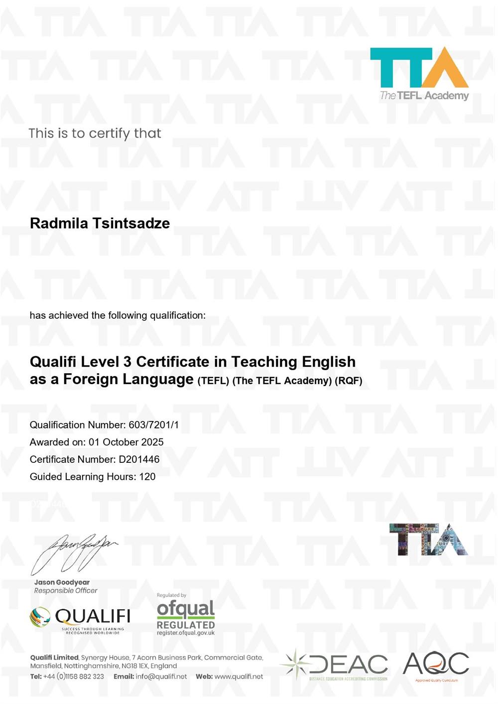 Сертификат TEFL, дающий право на преподавание английского языка. 