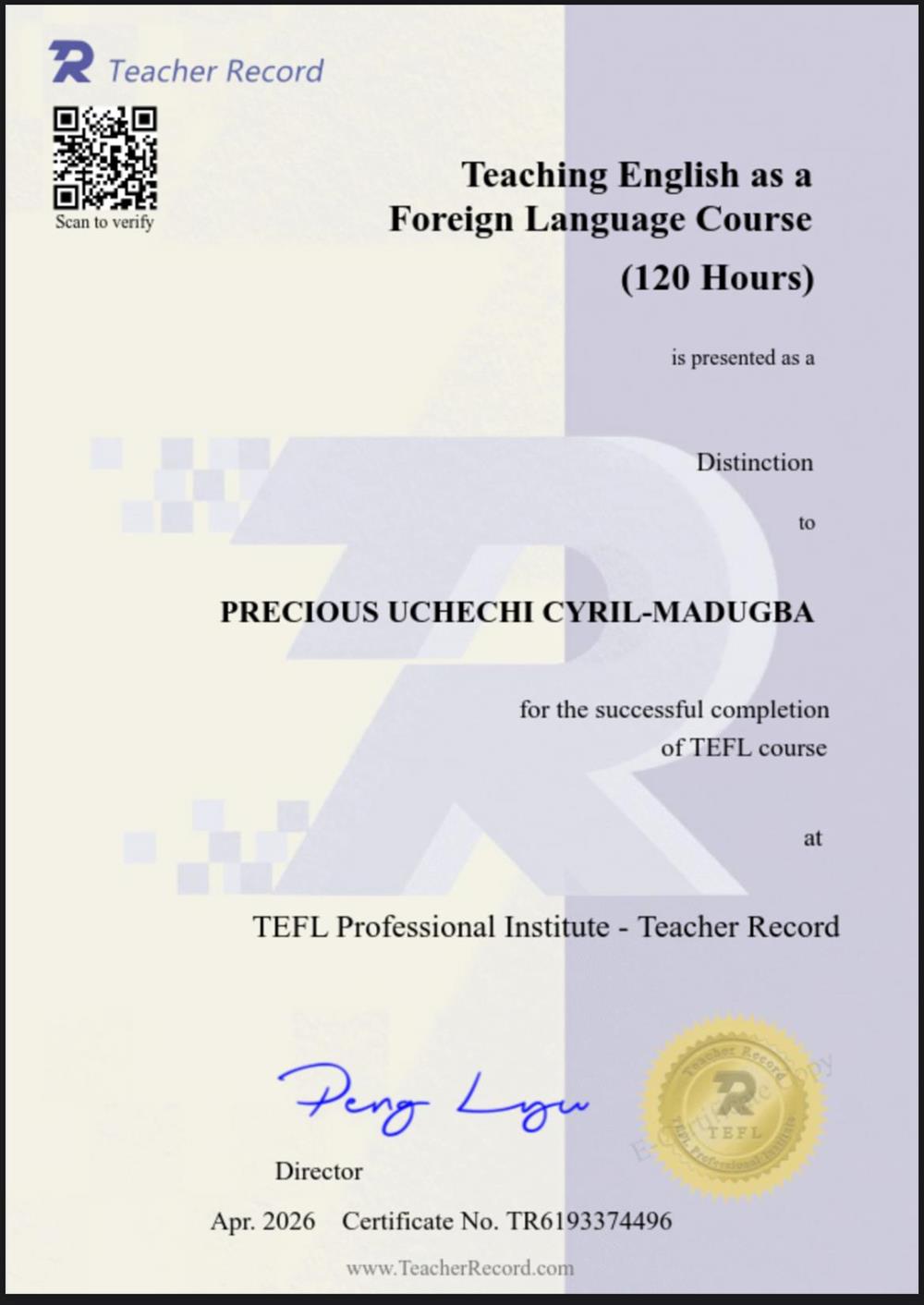 TEFL - Test of English as a Foriegn Language.