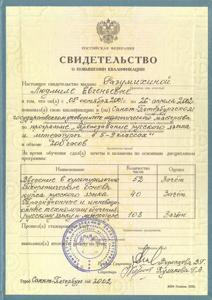 Свидетельство о повышении квалификации