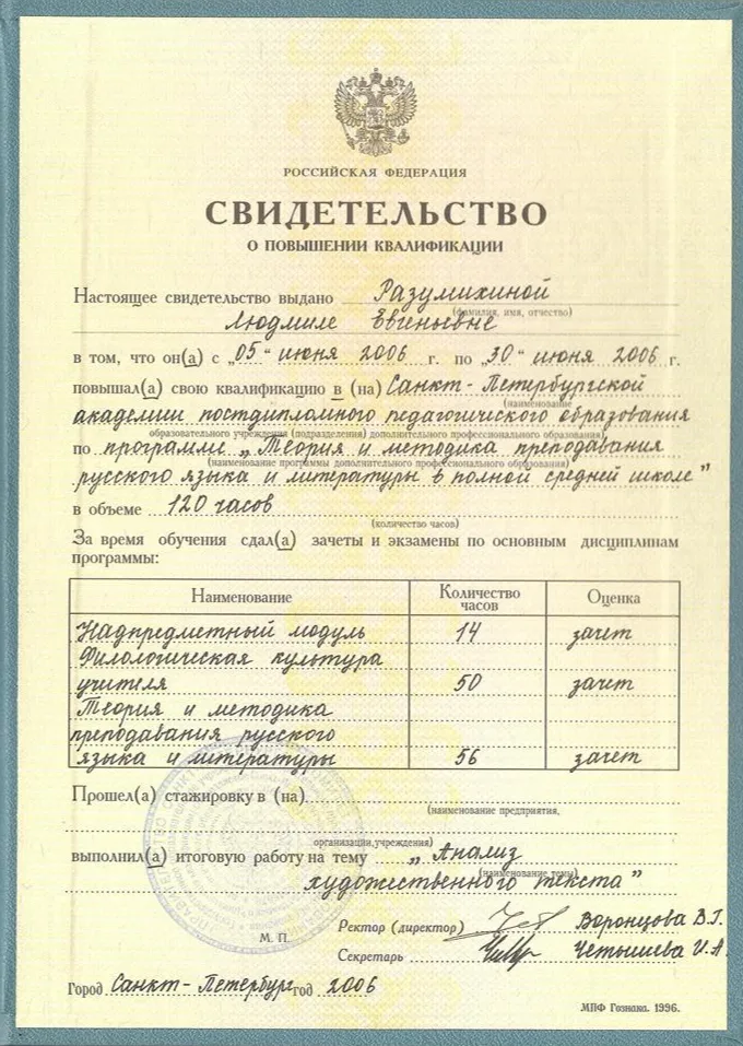 Свидетельство о повышении квалификации