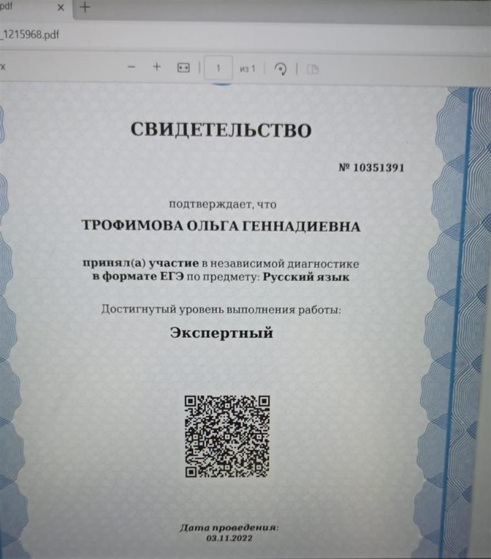 Свидетельство о сдаче ЕГЭ по русскому языку на экспертный уровень