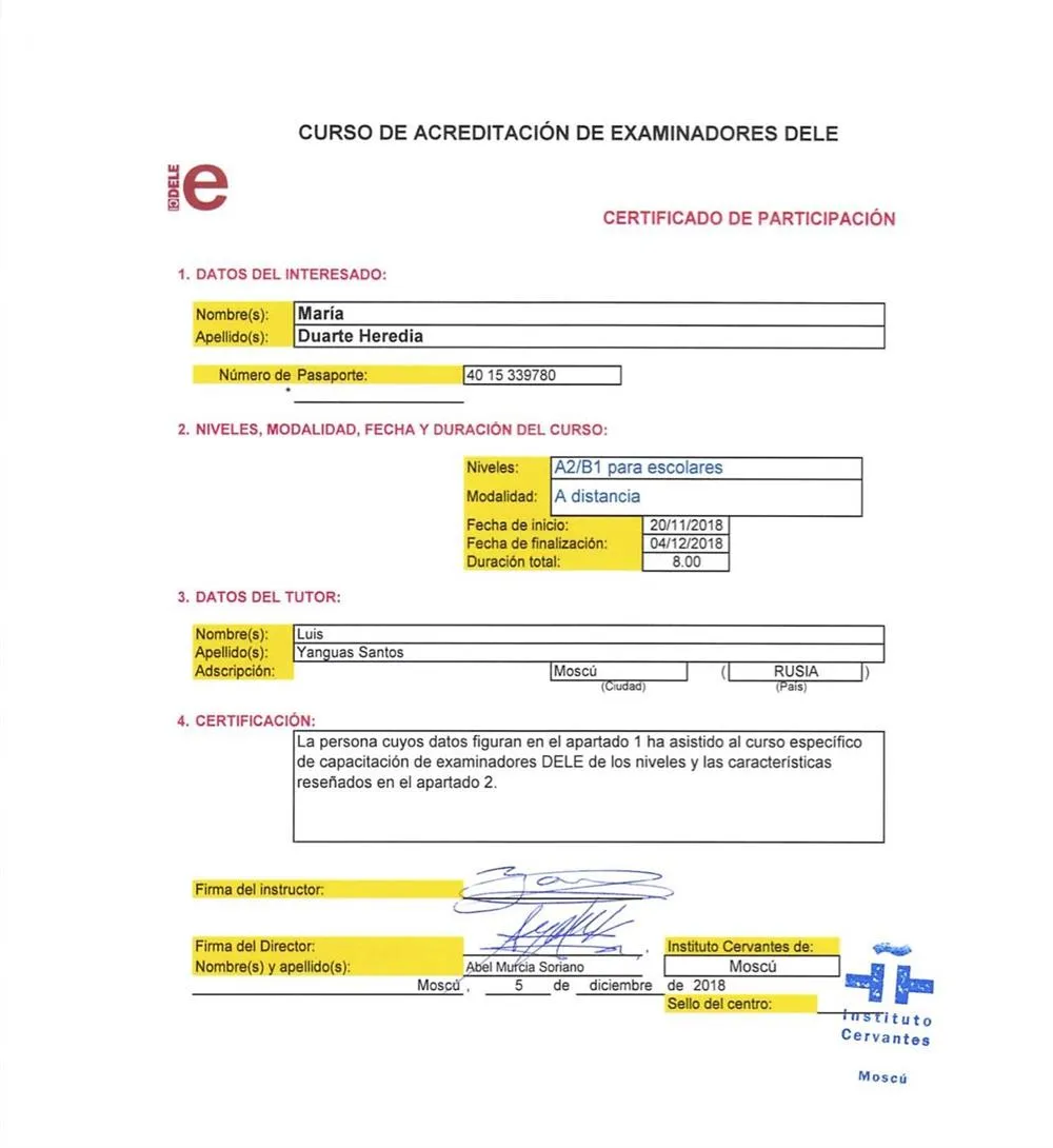 Сертификат о прохождении курса подготовки и аккредитации экзаменаторов DELE  уровень А2/B1 escolar