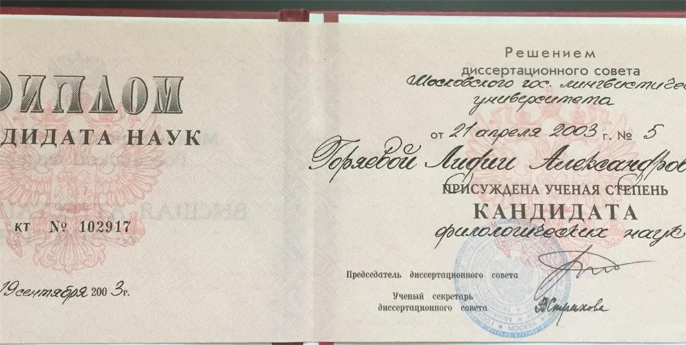 Диплом кандидата филологических наук