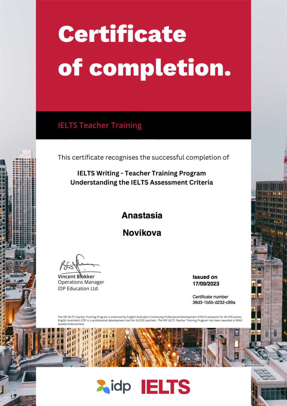 certificate IETLS Writing teacher training 