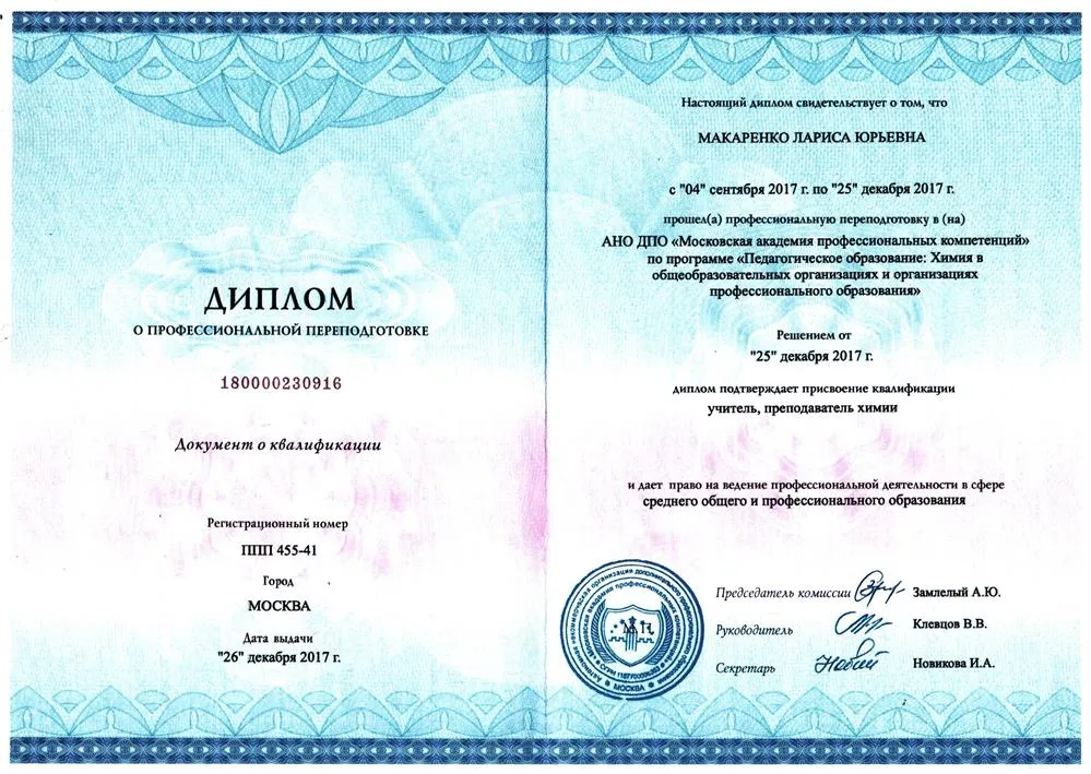 Диплом о ПП. Учитель (преподаватель) химии