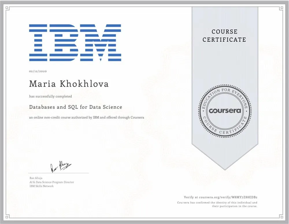 Сертификат SQL for Data Science